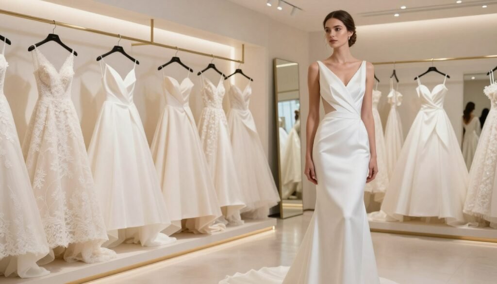 A modern bridal dress display featuring a minimalist design with innovative details. In the foreground, a stunning bride stands confidently in a sleek, white gown, showcasing unique geometric cutouts and elegant draping. The middle ground features an array of contemporary wedding dresses, each with distinct textures like lace overlays and satin finishes, radiating sophistication. In the background, a softly lit bridal boutique setting with chic decor and elegant mirrors enhances the modern aesthetic. The lighting is warm and inviting, creating a dreamy atmosphere. Shot from a slightly low angle to emphasize the dresses' elegance and craftsmanship, adding depth and sophistication to the scene. The overall mood is inspiring and fresh, perfect for showcasing contemporary wedding fashion.