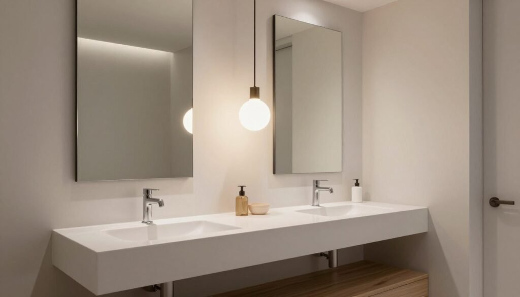 A modern minimalist bathroom featuring elegant lighting solutions that enhance the ambiance. In the foreground, a sleek, floating vanity with a polished surface reflects subtle light. The middle ground showcases stylish pendant lights with a soft glow, suspended above the vanity, casting gentle shadows. In the background, large mirrors amplify the light, making the space feel open and airy. The color palette consists of soft whites, warm grays, and natural wood accents, exuding a calm and serene atmosphere. The lighting should be bright yet diffused, highlighting the clean lines and simplicity of the design. Capture the scene from a slightly elevated angle to emphasize depth and the harmony of the minimalist elements. No additional text or markings are present.