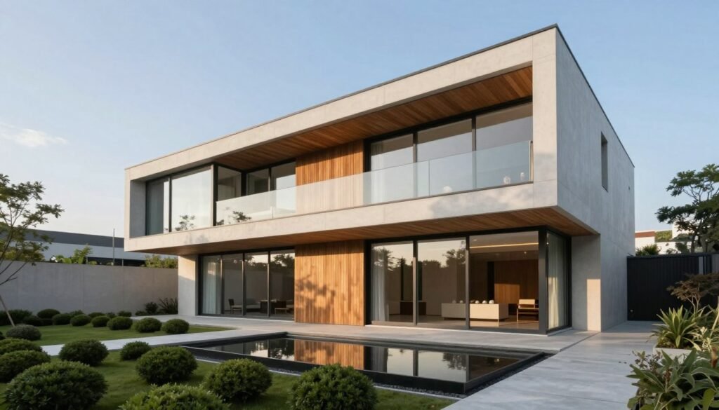 A modern minimalist house, showcasing clean lines and a harmonious blend of glass, wood, and concrete. In the foreground, a serene garden with carefully manicured shrubs and a small water feature reflects the tranquility of the design. The middle ground features the house itself, with large windows allowing natural light to flood the interior, emphasizing open spaces and a neutral color palette. The background reveals a clear blue sky with soft, diffuse sunlight illuminating the structure, casting gentle shadows that enhance its geometric forms. The atmosphere is calm and inviting, embodying the essence of contemporary architecture. The composition is captured from a low angle to accentuate the building’s height and elegance, highlighting its innovative design without any text or additional elements.