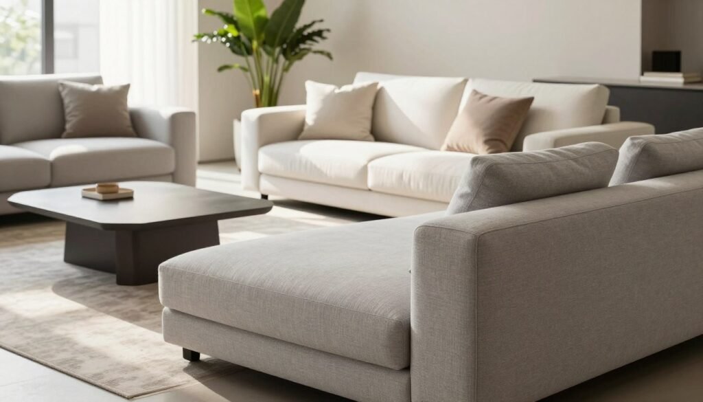 A modern, minimalist living room featuring a selection of stylish minimalist sofas in neutral tones. In the foreground, a soft-textured light gray sofa with clean lines and low profile, paired with a small geometric accent table. In the middle, a sleek white loveseat with subtle curves, accented by a couple of simple, elegant cushions. The background showcases a vibrant plant in a chic pot, and large windows allowing natural light to flood the space, casting soft shadows. The scene is warm and inviting, aimed at evoking a sense of tranquility and simplicity, captured from a low angle to emphasize the design of the sofas. The overall atmosphere is sophisticated yet cozy, ideal for a contemporary home setting, with no human figures present.