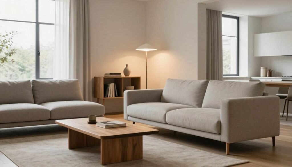 A modern minimalist living room showcasing elegant and functional furniture pieces. In the foreground, a sleek, low-profile sofa in a neutral color, complemented by a simple wooden coffee table. The middle ground features a minimalist bookshelf with clean lines and a few select decorative items. A stylish floor lamp casts warm light, enhancing the cozy atmosphere. The background includes large windows allowing natural light to fill the space, framed by sheer curtains. The room has neutral-toned walls and wooden flooring, creating a harmonious, uncluttered vibe. The overall composition highlights a blend of simplicity and sophistication, evoking a serene and inviting ambiance. A modern minimalist living room showcasing elegant and functional furniture pieces. In the foreground, a sleek, low-profile sofa in a neutral color, complemented by a simple wooden coffee table. The middle ground features a minimalist bookshelf with clean lines and a few select decorative items. A stylish floor lamp casts warm light, enhancing the cozy atmosphere. The background includes large windows allowing natural light to fill the space, framed by sheer curtains. The room has neutral-toned walls and wooden flooring, creating a harmonious, uncluttered vibe. The overall composition highlights a blend of simplicity and sophistication, evoking a serene and inviting ambiance.