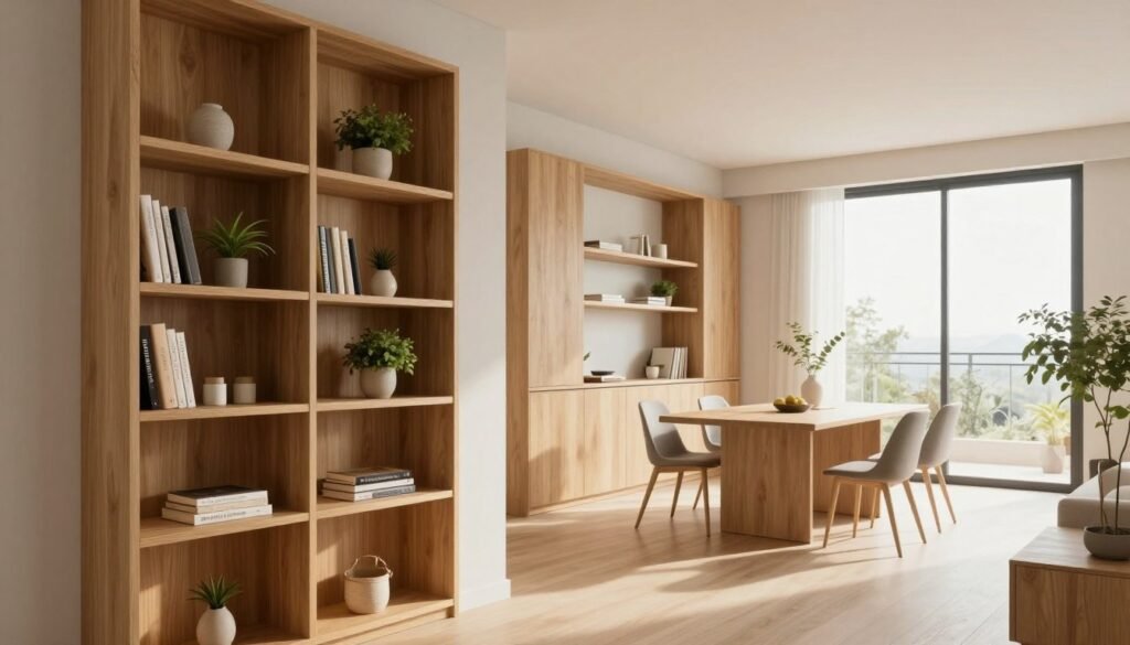 A modern minimalistic apartment interior showcasing expertly designed "marcenaria planejada" (custom cabinetry), emphasizing storage solutions for small spaces. In the foreground, a sleek, fitted wooden bookshelf in light oak adorns the wall, harmonizing with open shelving that displays decorative plants and books. The middle ground features a compact dining area with a minimalist table and chairs, surrounded by stylishly crafted cabinetry that integrates seamlessly into the space. In the background, large windows flood the room with natural light, highlighting the clean lines and functional beauty of the woodwork. The atmosphere is warm and inviting, with soft, diffused lighting creating a serene ambiance. The setting is devoid of people, focusing solely on the elegant design elements that define minimalist living.