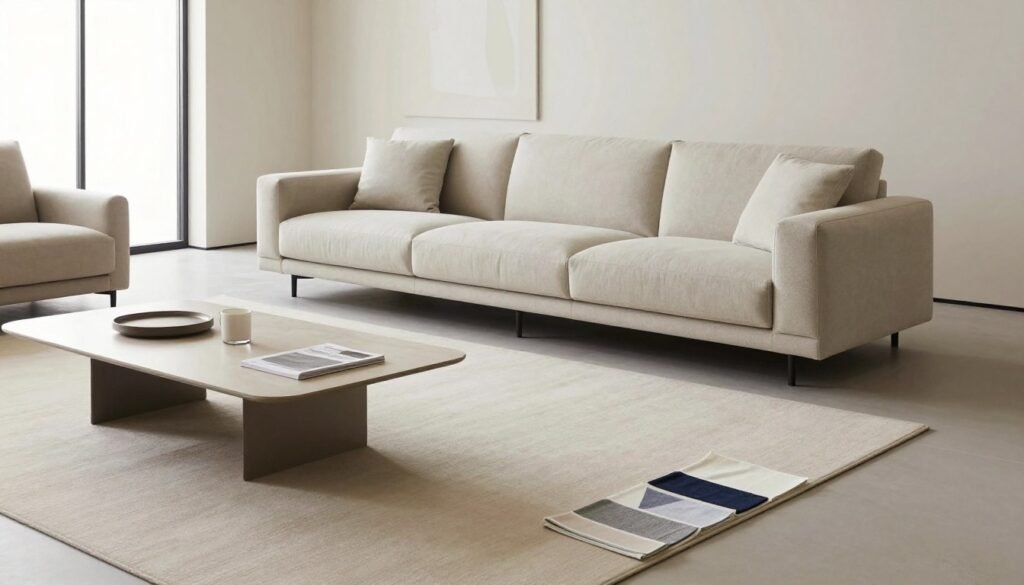 A modern, minimalistic living room interior scene designed for evaluating space for a sleek, minimalist sofa. In the foreground, a light-colored, spacious area is shown, with a stylish coffee table and a sample sofa swatch placed on the floor. The middle section features a carefully arranged minimalist sofa, with clean lines and neutral upholstery, positioned strategically against a backdrop of a large window, allowing natural light to flood the space. The background reveals soft textured walls and a subtle piece of abstract art. The overall mood is calm and inviting, emphasizing simplicity and elegance. The lighting is bright and airy, captured from a slightly elevated angle to provide a comprehensive view of the space's layout.