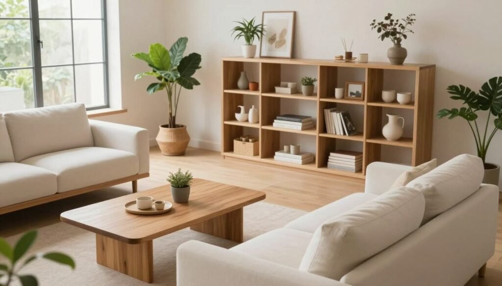 A modern, minimalistic living space featuring well-arranged furniture pieces that exemplify efficient spatial planning. In the foreground, a sleek, white sofa is complemented by a wooden coffee table, showcasing a cozy yet uncluttered ambiance. The middle ground displays a stylish, minimalist shelving unit filled with carefully curated decor items, emphasizing organization and open space. The background reveals large windows allowing natural sunlight to flood in, creating a warm and inviting atmosphere. The scene should be shot from a slightly elevated angle, using soft, diffused lighting to enhance the tranquil mood. The color palette consists of soft earth tones with pops of greenery from potted plants strategically placed throughout the room.