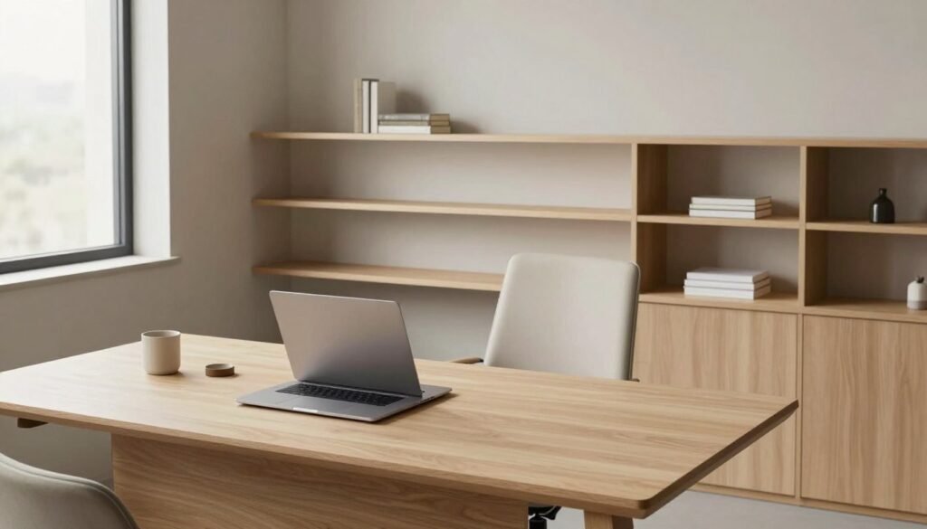 A modern, minimalistic office space, showcasing organized furniture and thoughtful spatial planning. In the foreground, a sleek, light wooden desk with a simple laptop and minimal decor, illuminated by soft natural light coming through a large window. The middle ground features a comfortable, streamlined chair and neatly arranged shelves with a few curated items, emphasizing organization. In the background, a soft-colored wall with a subtle texture, creating a calm atmosphere. The overall composition should capture a sense of tranquility and efficiency, highlighting the principles of minimalism in workspace design. Use soft, diffused lighting to enhance the inviting mood, shot from a slightly elevated angle to capture the entire layout harmoniously. A modern, minimalistic office space, showcasing organized furniture and thoughtful spatial planning. In the foreground, a sleek, light wooden desk with a simple laptop and minimal decor, illuminated by soft natural light coming through a large window. The middle ground features a comfortable, streamlined chair and neatly arranged shelves with a few curated items, emphasizing organization. In the background, a soft-colored wall with a subtle texture, creating a calm atmosphere. The overall composition should capture a sense of tranquility and efficiency, highlighting the principles of minimalism in workspace design. Use soft, diffused lighting to enhance the inviting mood, shot from a slightly elevated angle to capture the entire layout harmoniously.
