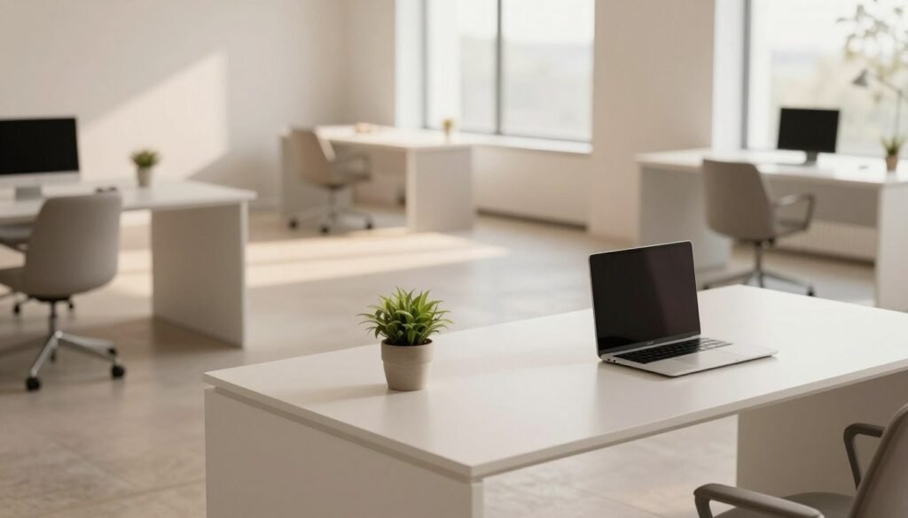 A modern, minimalistic workspace showcasing the benefits of minimalist design. In the foreground, a clean white desk with a sleek laptop and a single potted plant adds a touch of greenery. The middle ground features an organized, open space with soft, neutral tones, highlighting streamlined furniture and spaciousness that evoke calmness and focus. In the background, large windows allow natural light to flood in, casting soft shadows and enhancing the tranquility of the setting. The atmosphere is serene and professional, promoting clarity and creativity. Use warm, soft lighting for a welcoming feel, with a slight tilt angle to capture the elegance and simplicity of the design elements. No text, signage, or distractions present. A modern, minimalistic workspace showcasing the benefits of minimalist design. In the foreground, a clean white desk with a sleek laptop and a single potted plant adds a touch of greenery. The middle ground features an organized, open space with soft, neutral tones, highlighting streamlined furniture and spaciousness that evoke calmness and focus. In the background, large windows allow natural light to flood in, casting soft shadows and enhancing the tranquility of the setting. The atmosphere is serene and professional, promoting clarity and creativity. Use warm, soft lighting for a welcoming feel, with a slight tilt angle to capture the elegance and simplicity of the design elements. No text, signage, or distractions present.