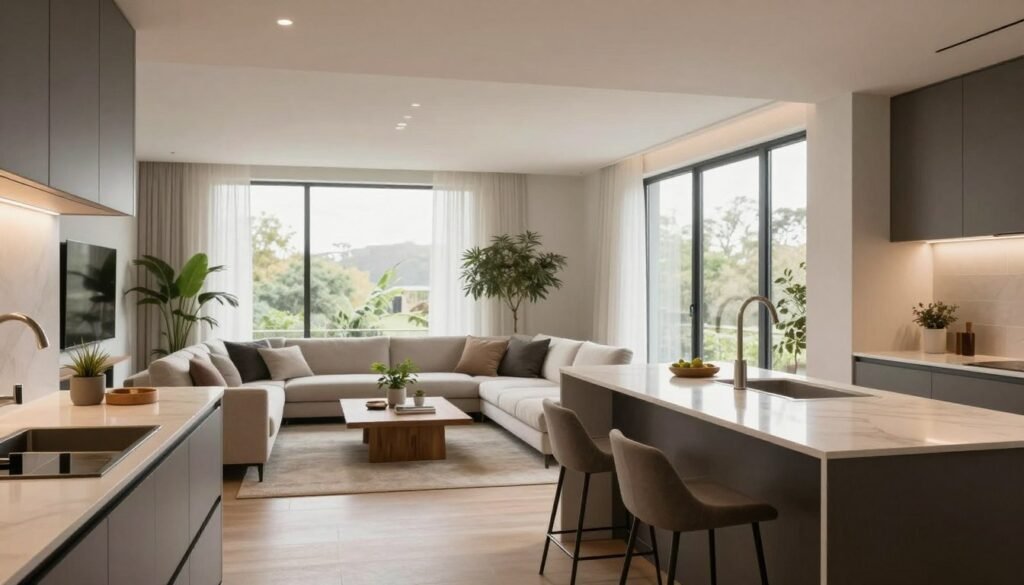 A modern, open-concept living room and kitchen seamlessly integrated into one cohesive space, designed in a minimalist style. The foreground features a sleek kitchen island with a polished countertop, accompanied by elegant bar stools. In the middle, a stylish living area showcases a contemporary sofa and a wooden coffee table, accented by greenery in minimalist planters. The background reveals a wall of large windows allowing natural light to flood the space, highlighting the subtle colors and textures. Soft, ambient lighting creates a warm atmosphere, while the camera angle captures the integration of both areas. The scene evokes a sense of spaciousness and tranquility, ideal for promoting an uncluttered lifestyle.