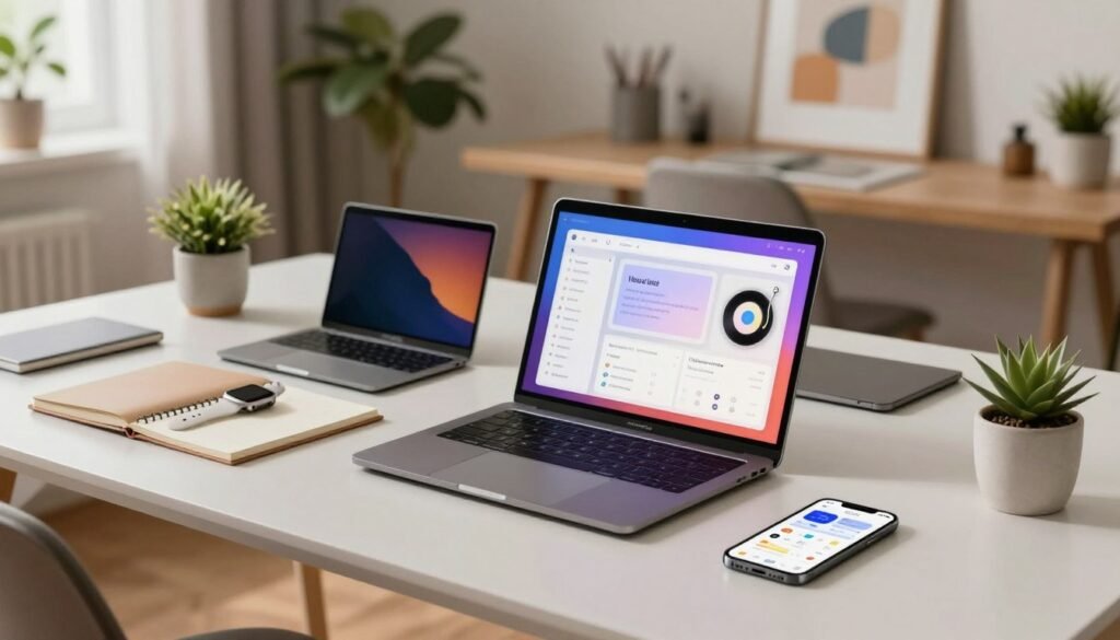 A modern workspace featuring a collection of digital tools and applications used for monitoring technology usage. In the foreground, display a sleek laptop with a vibrant dashboard on the screen, accompanied by a smartphone displaying app interfaces. Scatter various productivity tools like a smartwatch and notepad nearby. In the middle, create an organized clutter of tech gadgets, emphasizing the minimalist aesthetic with a neutral color palette. In the background, illustrate a softly lit home office with plants, a minimalistic desk, and calming artwork that enhances focus. Use warm, natural lighting to evoke an atmosphere of clarity and mindfulness. Angle the shot to give a sense of depth, making it inviting for readers interested in digital minimalism.