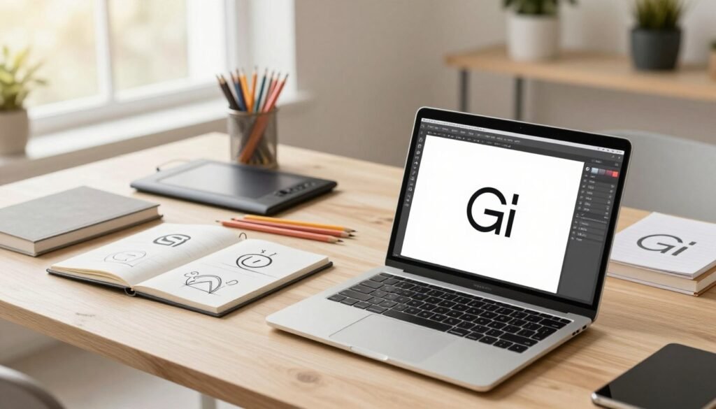 A modern workspace showcasing essential logo design tools for minimalistic branding. In the foreground, an elegant laptop displays a design software interface with a sleek, simple logo in progress. Beside it, high-quality sketchbooks with minimalistic logo concepts sketched out are artistically arranged. In the middle ground, a minimalist desk cluttered with vibrant colored pencils, a graphics tablet, and a few stylish design books all set against a light wood backdrop. The background reveals a soft-focus scene of a bright, airy room with large windows allowing natural light to stream in, creating a calm and creative atmosphere. The lighting is warm and inviting, enhancing the modern yet creative vibe of the workspace. A modern workspace showcasing essential logo design tools for minimalistic branding. In the foreground, an elegant laptop displays a design software interface with a sleek, simple logo in progress. Beside it, high-quality sketchbooks with minimalistic logo concepts sketched out are artistically arranged. In the middle ground, a minimalist desk cluttered with vibrant colored pencils, a graphics tablet, and a few stylish design books all set against a light wood backdrop. The background reveals a soft-focus scene of a bright, airy room with large windows allowing natural light to stream in, creating a calm and creative atmosphere. The lighting is warm and inviting, enhancing the modern yet creative vibe of the workspace.