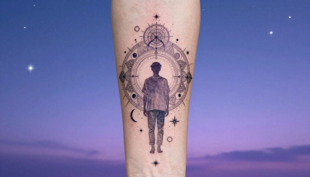 A mystical tattoo design featuring spiritual elements, centered in the foreground beneath a soft, ethereal light. The tattoo showcases intricate patterns, including mandalas, celestial bodies like stars and moons, and sacred geometry, all seamlessly intertwined in a minimalist style. In the middle, a subtle silhouette of a man in modest casual clothing is present, with his arm raised to display the tattoo, emphasizing its elegance. The background exhibits a calming gradient of blues and purples, mimicking a twilight sky filled with twinkling stars. The atmosphere is serene and contemplative, inviting viewers to reflect on the spiritual significance of the tattoo. The image should be well-lit to highlight the details of the design without overwhelming distractions. A mystical tattoo design featuring spiritual elements, centered in the foreground beneath a soft, ethereal light. The tattoo showcases intricate patterns, including mandalas, celestial bodies like stars and moons, and sacred geometry, all seamlessly intertwined in a minimalist style. In the middle, a subtle silhouette of a man in modest casual clothing is present, with his arm raised to display the tattoo, emphasizing its elegance. The background exhibits a calming gradient of blues and purples, mimicking a twilight sky filled with twinkling stars. The atmosphere is serene and contemplative, inviting viewers to reflect on the spiritual significance of the tattoo. The image should be well-lit to highlight the details of the design without overwhelming distractions.