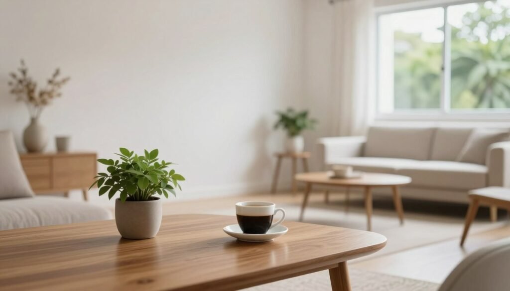 A serene Brazilian minimalist interior showcasing a cozy living space. In the foreground, a neatly arranged wooden table with a potted plant and a single cup of coffee, reflecting a simple yet elegant lifestyle. The middle layer features a light-soaked room with white walls, minimalistic furniture, and a large window that encourages natural light to flood the area. A soft, neutral color palette dominates the scene, evoking calmness and clarity. In the background, a glimpse of lush green foliage visible through the window provides a connection to nature, enhancing the sense of simplicity. The atmosphere is tranquil and inviting, captured with soft lighting and a warm tone, emphasizing the beauty of minimalist living in Brazil. A serene Brazilian minimalist interior showcasing a cozy living space. In the foreground, a neatly arranged wooden table with a potted plant and a single cup of coffee, reflecting a simple yet elegant lifestyle. The middle layer features a light-soaked room with white walls, minimalistic furniture, and a large window that encourages natural light to flood the area. A soft, neutral color palette dominates the scene, evoking calmness and clarity. In the background, a glimpse of lush green foliage visible through the window provides a connection to nature, enhancing the sense of simplicity. The atmosphere is tranquil and inviting, captured with soft lighting and a warm tone, emphasizing the beauty of minimalist living in Brazil.