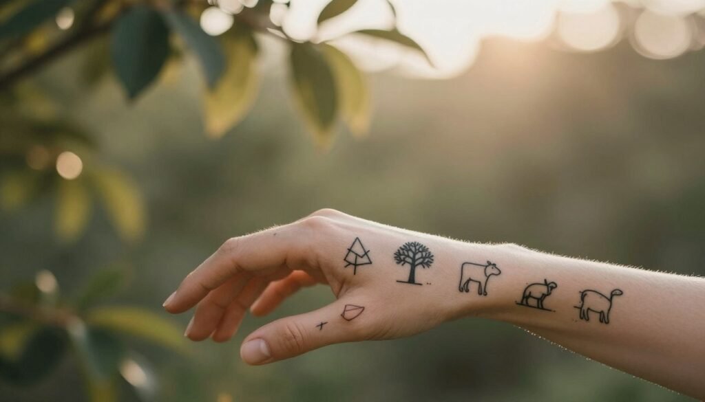 A serene and artistic composition of minimalistic tattoo symbols that hold profound meanings, set in a soft, natural environment. In the foreground, display a hand with multiple elegantly designed tattoos featuring geometrical shapes, trees, and animals, each symbolizing strength, growth, and harmony. The middle ground should include gentle, blurred foliage, creating a harmonious backdrop that adds depth without distraction. In the background, softly diffused sunlight filters through leaves, casting warm, golden hues to enhance the peaceful atmosphere. The angle should focus on the hand and the tattoos while incorporating a sense of calm and introspection. Overall, the mood should be reflective and artistic, capturing the essence of minimalistic tattoo art. A serene and artistic composition of minimalistic tattoo symbols that hold profound meanings, set in a soft, natural environment. In the foreground, display a hand with multiple elegantly designed tattoos featuring geometrical shapes, trees, and animals, each symbolizing strength, growth, and harmony. The middle ground should include gentle, blurred foliage, creating a harmonious backdrop that adds depth without distraction. In the background, softly diffused sunlight filters through leaves, casting warm, golden hues to enhance the peaceful atmosphere. The angle should focus on the hand and the tattoos while incorporating a sense of calm and introspection. Overall, the mood should be reflective and artistic, capturing the essence of minimalistic tattoo art.