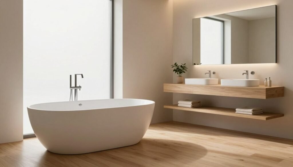 A serene and elegant minimalist bathroom, showcasing clean lines and a soothing color palette. In the foreground, a sleek, freestanding bathtub with a matte white finish sits on polished light wood flooring. In the middle, a large, frameless mirror reflects natural light from a frosted window, enhancing the sense of space. Stylish, simple sink fixtures rest atop a floating wooden vanity adorned with a small potted plant for a touch of greenery. In the background, soft, warm lighting creates a calming atmosphere, complemented by muted beige walls. The overall mood conveys tranquility and simplicity, embodying the essence of minimalism in design. No people are present, maintaining a focus on the environment.