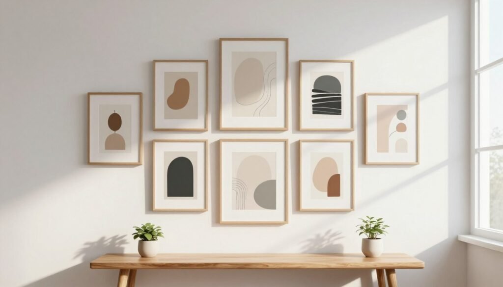 A serene and harmonious scene showcasing minimalist framed artwork arranged on a clean white wall. The compositions feature simple geometric shapes and muted color palettes, with an emphasis on balance and tranquility. In the foreground, a sleek wooden console table with a small potted plant adds warmth. The middle section reveals a stunning array of minimalist frames, artfully positioned in clusters, displaying various abstract designs. The background consists of natural light filtering through a large window, enhancing the peaceful atmosphere. Soft shadows gently cast on the wall create depth. The overall mood is refined and calming, perfect for inspiring minimalist decor enthusiasts.