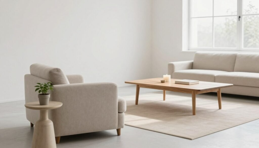 A serene and inviting minimalist living space showcasing permanent minimalism as a lifestyle. In the foreground, a comfortable, modestly styled armchair in soft neutral tones, accompanied by a small, elegant side table with a single potted plant. The middle ground features a simple wooden coffee table adorned with a few carefully chosen objects, such as a candle and a book. In the background, large windows allow natural light to flood the room, illuminating white walls and a calm, clutter-free atmosphere. Soft shadows create a tranquil vibe, suggesting peace and simplicity. The overall mood reflects harmony and intentional living, perfect for emphasizing the concept of minimalism as a lasting lifestyle choice. A serene and inviting minimalist living space showcasing permanent minimalism as a lifestyle. In the foreground, a comfortable, modestly styled armchair in soft neutral tones, accompanied by a small, elegant side table with a single potted plant. The middle ground features a simple wooden coffee table adorned with a few carefully chosen objects, such as a candle and a book. In the background, large windows allow natural light to flood the room, illuminating white walls and a calm, clutter-free atmosphere. Soft shadows create a tranquil vibe, suggesting peace and simplicity. The overall mood reflects harmony and intentional living, perfect for emphasizing the concept of minimalism as a lasting lifestyle choice.
