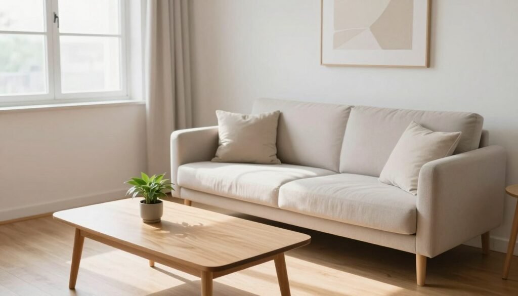 A serene and inviting minimalistic living space, showcasing a clean and organized environment. In the foreground, a simple, wooden coffee table with a single green plant in a small pot. In the middle, a light-colored sofa adorned with a few neutral-toned cushions, positioned against a white wall that has a single piece of abstract art. The background features a large window with soft natural light streaming in, illuminating the room and casting gentle shadows. The flooring is light wood, enhancing the airy feel. The mood is calm and peaceful, illustrating the essence of minimalism in daily life. Use a slightly elevated angle to capture the layout and ambiance, focusing on simplicity and functional beauty.