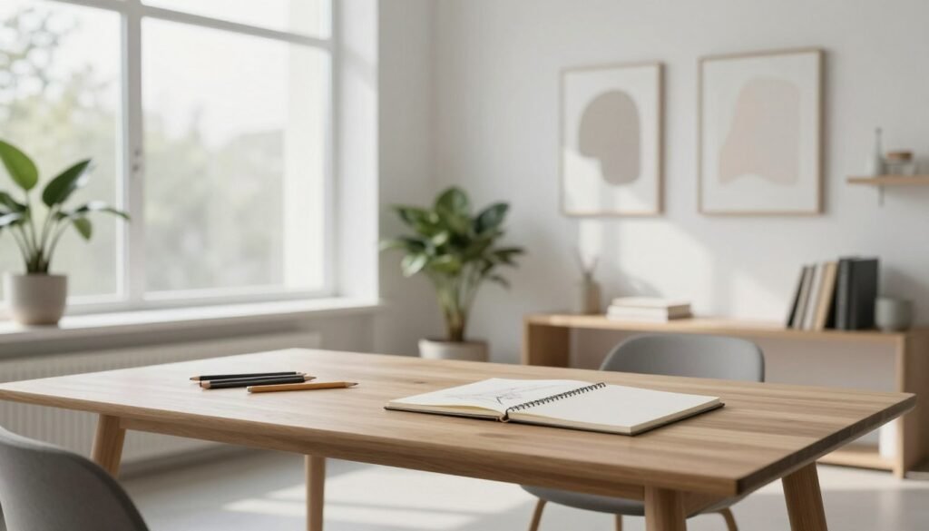 A serene and minimalist design studio space, featuring a simple wooden table in the foreground with neatly arranged design tools, such as sleek pencils and a sketchbook. In the middle ground, a large window allows soft, natural light to filter in, casting gentle shadows on a white wall adorned with elegant, abstract art pieces. The background showcases potted plants and a clean, organized shelf with books on minimalism. The color palette consists of earthy tones like soft whites, light grays, and muted greens, creating a calming atmosphere. Use a wide-angle lens to capture the inviting ambiance, emphasizing open space and a sense of tranquility, reflecting the elegance and simplicity inherent in minimalist design. A serene and minimalist design studio space, featuring a simple wooden table in the foreground with neatly arranged design tools, such as sleek pencils and a sketchbook. In the middle ground, a large window allows soft, natural light to filter in, casting gentle shadows on a white wall adorned with elegant, abstract art pieces. The background showcases potted plants and a clean, organized shelf with books on minimalism. The color palette consists of earthy tones like soft whites, light grays, and muted greens, creating a calming atmosphere. Use a wide-angle lens to capture the inviting ambiance, emphasizing open space and a sense of tranquility, reflecting the elegance and simplicity inherent in minimalist design.