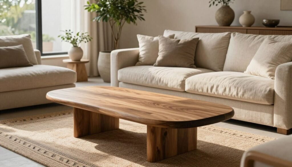 A serene and minimalist interior space showcasing natural textures and materials in decoration. In the foreground, a beautifully crafted wooden coffee table with a smooth, polished surface and soft, organic curves. The middle ground features a cozy sofa adorned with linen cushions, emphasizing neutral tones and soft textures. A woven rug lies underfoot, highlighting intricate patterns inspired by nature. The background includes large windows letting in warm, diffused sunlight, casting gentle shadows. Potted greenery adds a touch of life and color, while stone and clay elements blend seamlessly into the decor. The mood is calm and inviting, promoting a sense of tranquility and harmony in an elegant, functional environment. Capture this in a soft, natural light using a wide-angle lens for depth and warmth. A serene and minimalist interior space showcasing natural textures and materials in decoration. In the foreground, a beautifully crafted wooden coffee table with a smooth, polished surface and soft, organic curves. The middle ground features a cozy sofa adorned with linen cushions, emphasizing neutral tones and soft textures. A woven rug lies underfoot, highlighting intricate patterns inspired by nature. The background includes large windows letting in warm, diffused sunlight, casting gentle shadows. Potted greenery adds a touch of life and color, while stone and clay elements blend seamlessly into the decor. The mood is calm and inviting, promoting a sense of tranquility and harmony in an elegant, functional environment. Capture this in a soft, natural light using a wide-angle lens for depth and warmth.