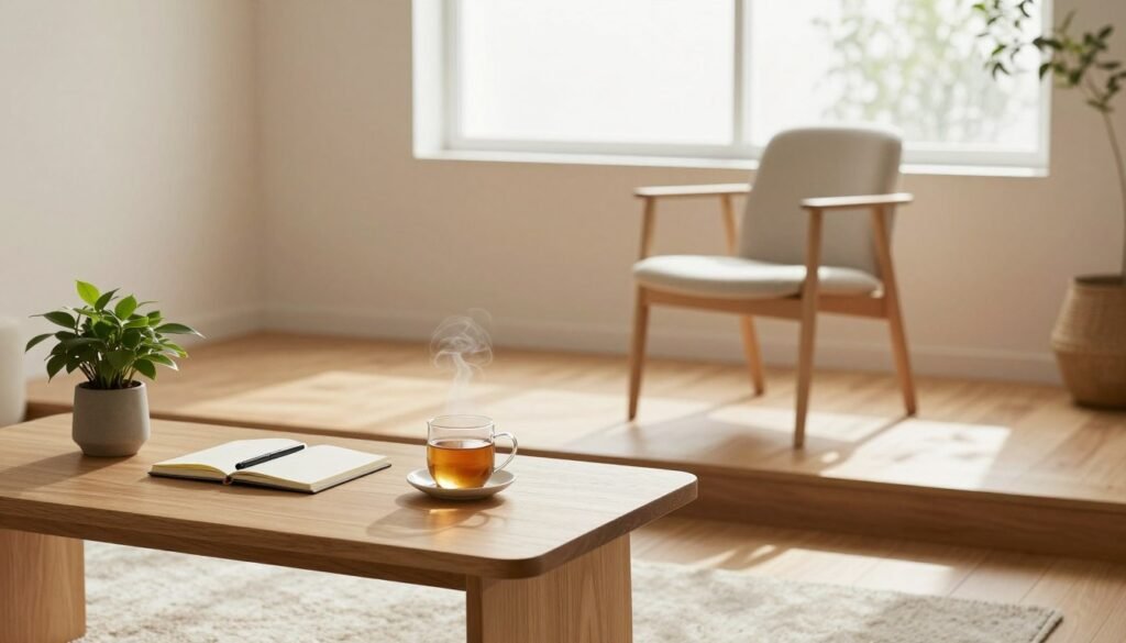 A serene and minimalist living space showcasing practical minimalism. In the foreground, a simple wooden table with a few elegant, functional items—a plant, a notebook, and a steaming cup of tea. The middle layer features a cozy seating area with a sleek, modern chair emphasizing clean lines and neutral tones. A large window in the background allows natural light to pour in, illuminating the room and creating soft shadows. Soft furnishings are minimal, with a light rug on a polished wooden floor. The overall atmosphere conveys calmness, simplicity, and organization, embodying the ethos of minimalism. Use soft, warm lighting to enhance the inviting ambience, with a focus on the textures of the materials to highlight practicality and beauty in simplicity.
