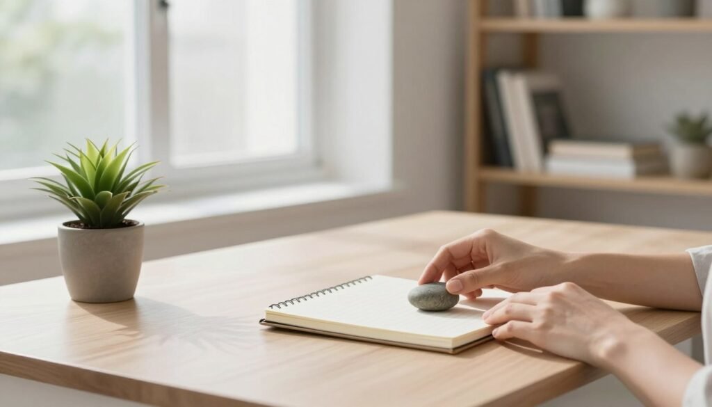 A serene and minimalist workspace scene, featuring a clean, uncluttered desk with a simple potted plant and a single notebook. In the foreground, a pair of hands are delicately placing a small decorative stone on the table, symbolizing intentional living. In the middle, soft natural light streams in through a large window, highlighting the elegant simplicity of the space. The background shows a tastefully organized shelf with a few select books and a calm color palette of whites, grays, and light wood tones. The overall mood is peaceful and inspiring, conveying a sense of clarity and purpose in a minimalistic lifestyle. Use a warm, diffused light effect for a cozy ambiance and a slight depth of field to emphasize the subject in focus.