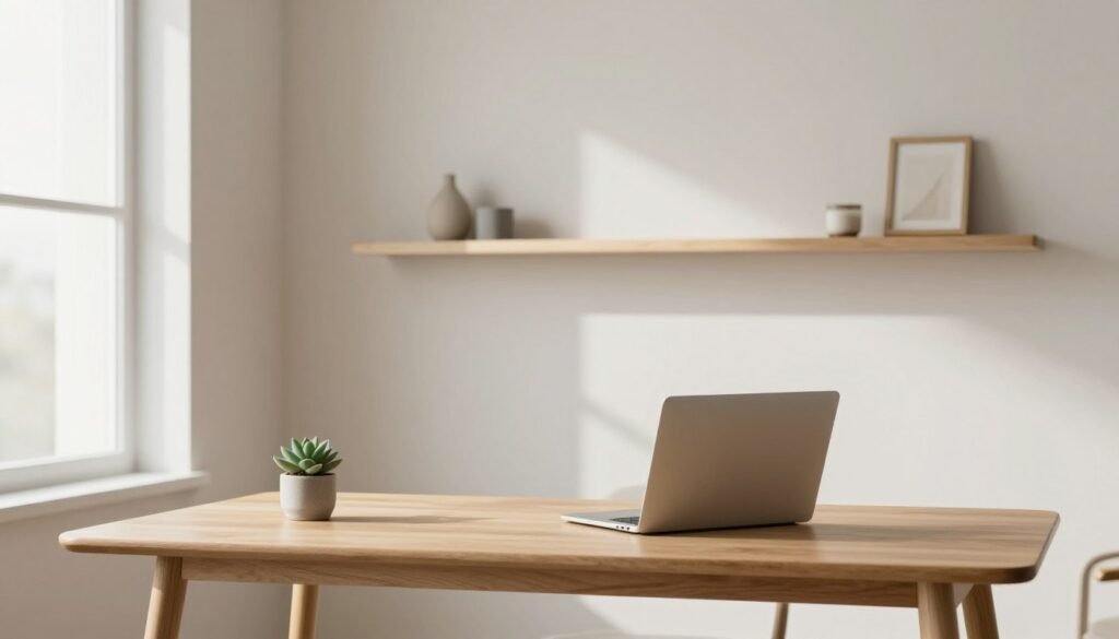 A serene and minimalistic workspace designed with the principles of minimalist design. In the foreground, a simple wooden desk with clean lines, a small potted succulent, and a sleek laptop, all arranged harmoniously. The middle features a soft, neutral color palette with bent wood shelves displaying a few essential decorative items. In the background, a large window allows natural light to flood the space, casting gentle shadows and enhancing the calm atmosphere. The use of soft lighting emphasizes the simplicity and functionality of each element, evoking a sense of peace and focus. Overall, the image should convey the essence of minimalist design: uncluttered, intentional, and elegantly simple.