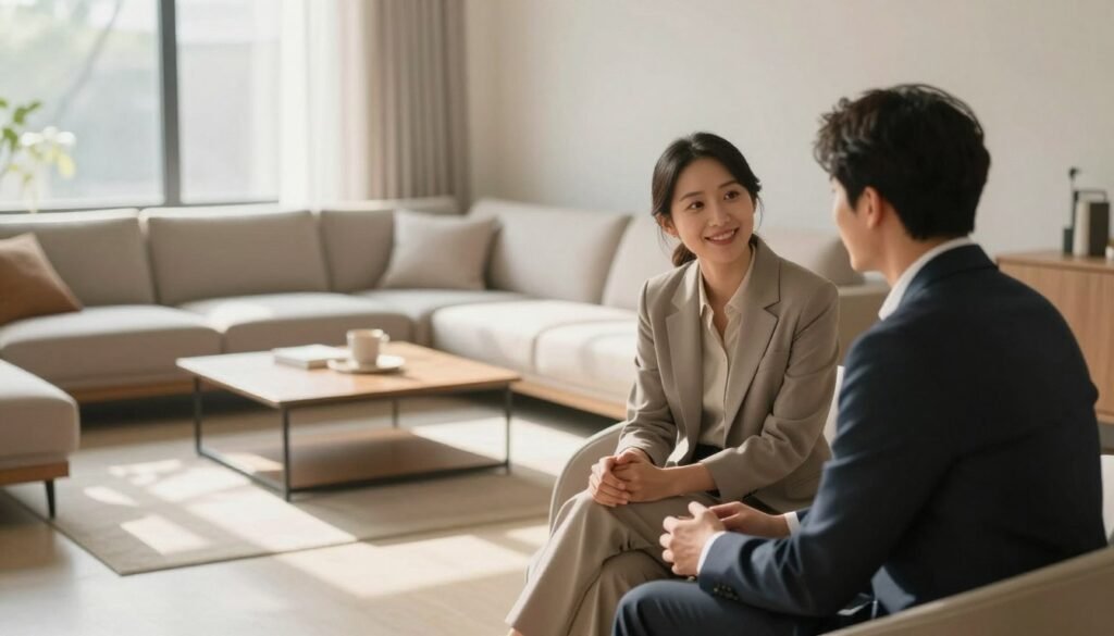 A serene and modern interpretation of "minimalism in relationships." In the foreground, two people in professional business attire are engaged in a thoughtful conversation, embodying connection and understanding, with warm smiles. In the middle ground, a simplified, clutter-free living space with a neutral color palette, featuring low-profile furniture and soft textures that promote a peaceful atmosphere. In the background, soft natural light filters through large windows, casting gentle shadows and illuminating the space. The overall mood conveys warmth, tranquility, and the beauty of simplicity in human connections. The composition should evoke a sense of harmony and intentional living, captured from a slightly elevated angle to emphasize the openness of the environment. A serene and modern interpretation of "minimalism in relationships." In the foreground, two people in professional business attire are engaged in a thoughtful conversation, embodying connection and understanding, with warm smiles. In the middle ground, a simplified, clutter-free living space with a neutral color palette, featuring low-profile furniture and soft textures that promote a peaceful atmosphere. In the background, soft natural light filters through large windows, casting gentle shadows and illuminating the space. The overall mood conveys warmth, tranquility, and the beauty of simplicity in human connections. The composition should evoke a sense of harmony and intentional living, captured from a slightly elevated angle to emphasize the openness of the environment.