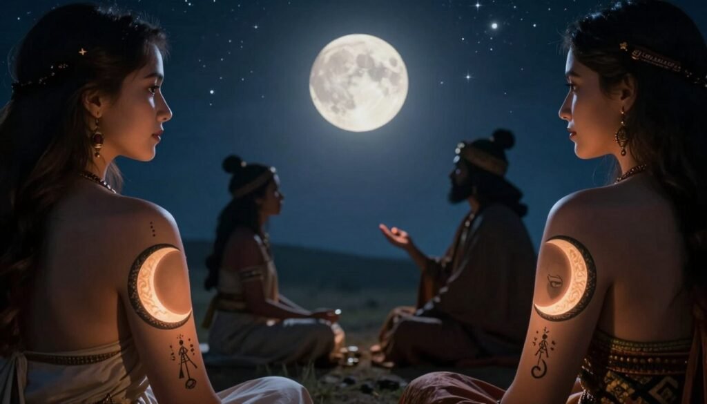 A serene and mystical scene depicting ancient cultures and their connection to moon tattoos, foreground featuring intricately designed minimalistic moon tattoos on skin, showcasing symbolic meanings. In the middle ground, silhouettes of historical figures, dressed in traditional attire, delicately observing celestial objects. The background reveals an ethereal night sky filled with stars and a luminous full moon, casting soft, magical light on the scene. Use dramatic lighting to enhance the contrasts, with a warm glow on the tattooed skin and cooler tones in the background. Capture the essence of wisdom and spirituality, evoking a sense of wonder and respect for the heritage of moon symbolism in various ancient cultures. A serene and mystical scene depicting ancient cultures and their connection to moon tattoos, foreground featuring intricately designed minimalistic moon tattoos on skin, showcasing symbolic meanings. In the middle ground, silhouettes of historical figures, dressed in traditional attire, delicately observing celestial objects. The background reveals an ethereal night sky filled with stars and a luminous full moon, casting soft, magical light on the scene. Use dramatic lighting to enhance the contrasts, with a warm glow on the tattooed skin and cooler tones in the background. Capture the essence of wisdom and spirituality, evoking a sense of wonder and respect for the heritage of moon symbolism in various ancient cultures.