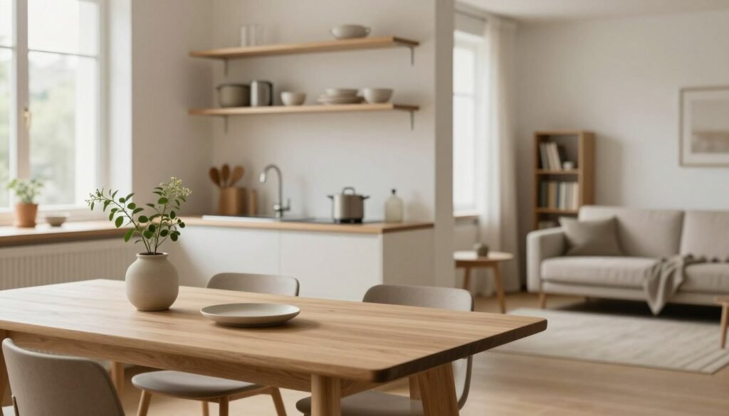 A serene and organized minimalist living space, showcasing practical tips for embracing minimalism in everyday life. In the foreground, a stylish, light-colored wooden dining table with a single ceramic plant pot and a simple, elegant table setting. In the middle, a neatly arranged kitchen with open shelves, displaying a few essential kitchenware items. Soft, natural lighting filters in through large windows, creating a warm, inviting atmosphere. In the background, a spacious living area with a neutral color palette, featuring a comfortable, unadorned sofa, and a small bookshelf with a curated selection of books. The overall mood is calm and harmonious, embodying modern minimalism while inspiring viewers to implement similar practices in their lives.