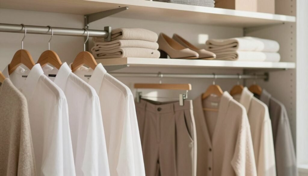 A serene and organized minimalist wardrobe interior, showcasing well-maintained clothing pieces arranged neatly on wooden hangers. In the foreground, various garments including a crisp white shirt, a soft beige sweater, and tailored pants hang gracefully. The middle ground features neatly folded sweaters on a clean shelf, with a pair of stylish shoes positioned prominently. The background reveals a subtle light streaming through a window, casting gentle shadows, enhancing the tranquil atmosphere. The scene is captured with a soft focus lens, evoking a sense of calm and order. Overall, the mood is peaceful and inviting, perfect for illustrating wardrobe care and maintenance in a minimalist lifestyle.