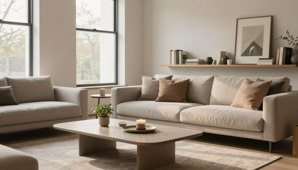A serene and sophisticated minimalist living space, featuring an organized and decluttered layout. In the foreground, a sleek, neutral-toned coffee table with neatly arranged decor items like a small plant and a minimalistic candle holder. The middle ground presents a comfortable, modern sofa with throw pillows in muted colors, facing a wall-mounted shelf displaying a curated selection of books and art objects, conveying a sense of order. In the background, large windows let in soft, natural light, casting gentle shadows and enhancing the calm ambiance. The overall atmosphere is peaceful and inviting, ideal for illustrating practical tips for an organized environment. Capture this scene with a warm and balanced φωτισμός, using a wide-angle lens to show depth while keeping a focus on simplicity and elegance. A serene and sophisticated minimalist living space, featuring an organized and decluttered layout. In the foreground, a sleek, neutral-toned coffee table with neatly arranged decor items like a small plant and a minimalistic candle holder. The middle ground presents a comfortable, modern sofa with throw pillows in muted colors, facing a wall-mounted shelf displaying a curated selection of books and art objects, conveying a sense of order. In the background, large windows let in soft, natural light, casting gentle shadows and enhancing the calm ambiance. The overall atmosphere is peaceful and inviting, ideal for illustrating practical tips for an organized environment. Capture this scene with a warm and balanced φωτισμός, using a wide-angle lens to show depth while keeping a focus on simplicity and elegance.