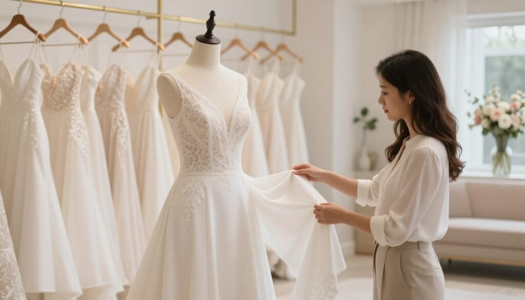 A serene bridal fitting scene showcasing a beautifully designed minimalist wedding dress. In the foreground, a dress mannequin stands adorned with a flowing, elegant gown featuring clean lines and subtle lace accents, illuminated by soft, natural light. A bridal consultant, dressed in professional yet stylish attire, thoughtfully holds a fabric swatch, assisting a bride-to-be to choose fabric options. In the middle ground, a selection of various minimalist wedding dress designs hangs elegantly on a clothing rack, hinting at diverse styles while maintaining simplicity. The background is softly blurred, featuring a tastefully decorated boutique with pastel tones and elegant floral arrangements, creating an atmosphere of tranquility and inspiration. The overall mood is warm, inviting, and romantic, ideal for exploring wedding dress choices.
