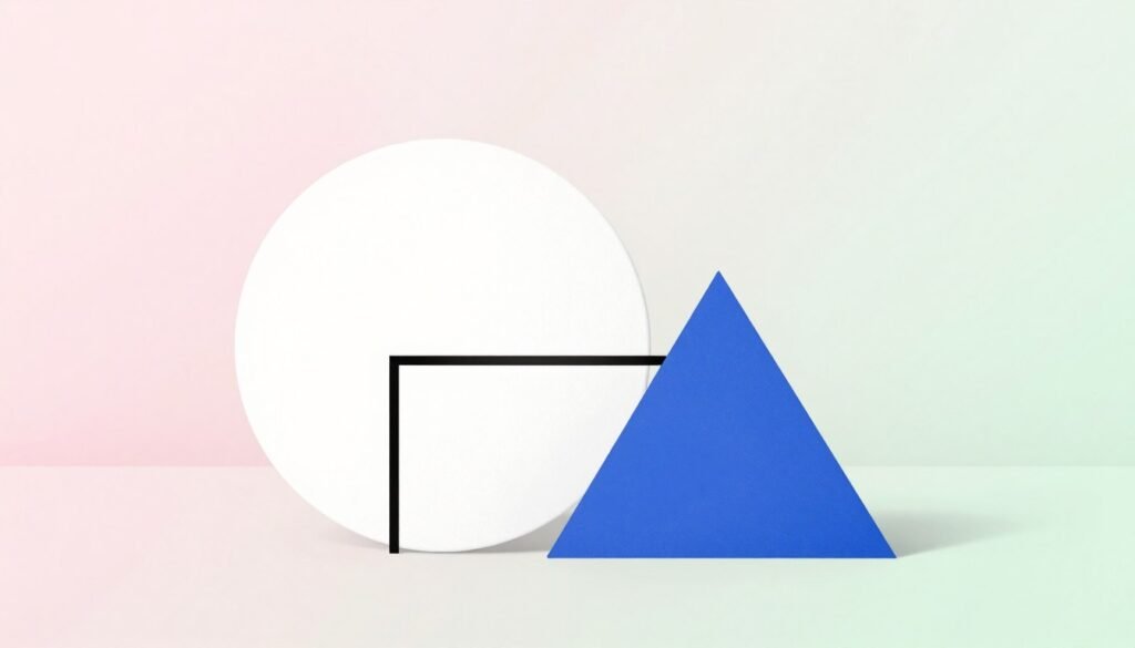 A serene composition featuring minimalist geometric shapes, including a large white circle, a thin black rectangle, and a vivid blue triangle, harmoniously arranged on a soft pastel background. The foreground holds these shapes with subtle textures, emphasizing their clean lines and simplicity. In the middle, a gentle gradient transitions from light pink to pale green, creating depth and a soothing atmosphere. The background remains an ethereal white, allowing the geometry to stand out boldly. Soft, natural lighting casts delicate shadows, enhancing the depth while maintaining a tranquil ambiance. This image should encapsulate the beauty of simplicity, reflecting the essence of minimalist painting. No text or symbols are present in the image. A serene composition featuring minimalist geometric shapes, including a large white circle, a thin black rectangle, and a vivid blue triangle, harmoniously arranged on a soft pastel background. The foreground holds these shapes with subtle textures, emphasizing their clean lines and simplicity. In the middle, a gentle gradient transitions from light pink to pale green, creating depth and a soothing atmosphere. The background remains an ethereal white, allowing the geometry to stand out boldly. Soft, natural lighting casts delicate shadows, enhancing the depth while maintaining a tranquil ambiance. This image should encapsulate the beauty of simplicity, reflecting the essence of minimalist painting. No text or symbols are present in the image.