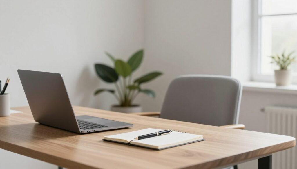 A serene digital workspace reflecting minimalist design principles. In the foreground, a sleek wooden desk holds a slim laptop, a minimalist notepad, and a single elegant pen, all organized neatly. In the middle, a comfortable ergonomic chair contrasts with the simplicity of the desk. The background features a soft-lit, uncluttered wall with a few indoor plants that add a touch of greenery. Natural light streams in through a large window, casting gentle shadows, enhancing the calm atmosphere. The color palette is a soothing mix of whites, soft grays, and natural wood tones, promoting a sense of tranquility and focus. The mood is peaceful and conducive to productivity, embodying the essence of digital minimalism in a workplace setting. A serene digital workspace reflecting minimalist design principles. In the foreground, a sleek wooden desk holds a slim laptop, a minimalist notepad, and a single elegant pen, all organized neatly. In the middle, a comfortable ergonomic chair contrasts with the simplicity of the desk. The background features a soft-lit, uncluttered wall with a few indoor plants that add a touch of greenery. Natural light streams in through a large window, casting gentle shadows, enhancing the calm atmosphere. The color palette is a soothing mix of whites, soft grays, and natural wood tones, promoting a sense of tranquility and focus. The mood is peaceful and conducive to productivity, embodying the essence of digital minimalism in a workplace setting.