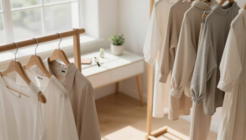 A serene indoor setting featuring a well-organized wardrobe showcasing a collection of minimalist outfits. The foreground includes a wooden clothes rack displaying simple, elegant clothing in neutral colors—white, beige, and soft gray—hanging neatly. In the middle, a stylishly curated dressing table reflects a clean aesthetic with minimal accessories like a delicate watch and small potted plants. In the background, a softly lit room with large windows offers natural light, casting gentle shadows across the space. The atmosphere exudes calmness and sophistication, emphasizing the simplicity and elegance of minimalistic fashion. The angle is slightly from above, capturing the overall harmony of the room, while the lighting is soft and diffused, creating a warm and inviting ambiance. A serene indoor setting featuring a well-organized wardrobe showcasing a collection of minimalist outfits. The foreground includes a wooden clothes rack displaying simple, elegant clothing in neutral colors—white, beige, and soft gray—hanging neatly. In the middle, a stylishly curated dressing table reflects a clean aesthetic with minimal accessories like a delicate watch and small potted plants. In the background, a softly lit room with large windows offers natural light, casting gentle shadows across the space. The atmosphere exudes calmness and sophistication, emphasizing the simplicity and elegance of minimalistic fashion. The angle is slightly from above, capturing the overall harmony of the room, while the lighting is soft and diffused, creating a warm and inviting ambiance.