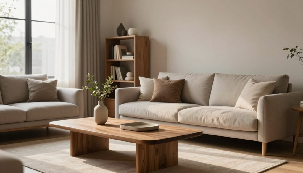 A serene interior space that balances aesthetics and functionality, showcasing minimalistic design principles. In the foreground, a stylish yet functional wooden coffee table holds modern decor items, such as a sleek vase with greenery. The middle ground features a well-organized living area with a plush, neutral-toned sofa adorned with carefully arranged cushions, and a slim, elegant bookshelf filled with select books and decorative pieces. In the background, large windows allow soft, natural light to flood the room, emphasizing the open space. The walls are painted in calm, muted colors, creating a harmonious atmosphere. The overall mood is inviting and serene, highlighting a thoughtful approach to minimalist design. Aim for a warm, inviting feel with gentle shadows and an emphasis on light. A serene interior space that balances aesthetics and functionality, showcasing minimalistic design principles. In the foreground, a stylish yet functional wooden coffee table holds modern decor items, such as a sleek vase with greenery. The middle ground features a well-organized living area with a plush, neutral-toned sofa adorned with carefully arranged cushions, and a slim, elegant bookshelf filled with select books and decorative pieces. In the background, large windows allow soft, natural light to flood the room, emphasizing the open space. The walls are painted in calm, muted colors, creating a harmonious atmosphere. The overall mood is inviting and serene, highlighting a thoughtful approach to minimalist design. Aim for a warm, inviting feel with gentle shadows and an emphasis on light.
