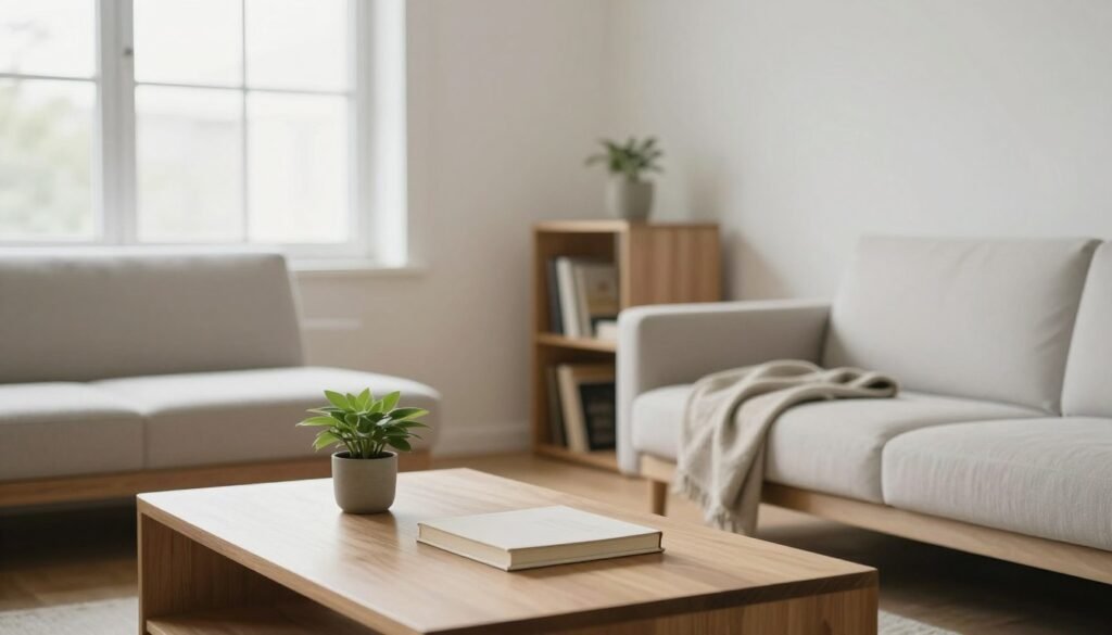 A serene living space embodying the challenges of minimalism, featuring a sparse yet organized room with essential pieces of furniture. In the foreground, a neatly arranged coffee table with a single plant and a closed book, emphasizing simplicity. The middle ground includes a minimalist sofa, draped with a soft blanket, and a small, functional bookshelf with only a few carefully selected books. In the background, a large window allows natural light to flood the space, casting gentle shadows. The color palette is calming, with soft whites, earth tones, and hints of greenery. The overall mood is contemplative and serene, inviting the viewer to reflect on the balance between minimalism and life's complexities. A serene living space embodying the challenges of minimalism, featuring a sparse yet organized room with essential pieces of furniture. In the foreground, a neatly arranged coffee table with a single plant and a closed book, emphasizing simplicity. The middle ground includes a minimalist sofa, draped with a soft blanket, and a small, functional bookshelf with only a few carefully selected books. In the background, a large window allows natural light to flood the space, casting gentle shadows. The color palette is calming, with soft whites, earth tones, and hints of greenery. The overall mood is contemplative and serene, inviting the viewer to reflect on the balance between minimalism and life's complexities.