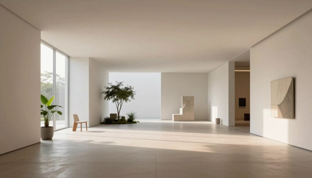 A serene minimalist architectural space showcasing the influence of minimalist design in contemporary art. In the foreground, a clean, open floor plan with sleek, white walls and simple furniture that emphasizes functionality. The middle ground features large windows allowing natural light to flood in, casting soft shadows on the floor. Green plants are strategically placed to introduce a touch of nature without overwhelming the simplicity. The background includes a sculptural art piece that embodies minimalism, made from geometric shapes and a neutral color palette. The atmosphere is calm and contemplative, capturing the essence of minimalist aesthetics. Shot with a wide-angle lens to emphasize spaciousness, the lighting is warm and inviting.