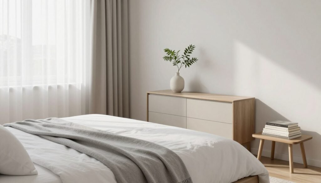 A serene minimalist bedroom design showcasing a "quarto minimalista" aesthetic. In the foreground, a neatly made bed with crisp white linens, accentuated by a single soft gray throw, and a small pile of neatly arranged books on a thin wooden nightstand. In the middle ground, a simple, low-profile dresser with a monochromatic vase holding a single green plant, providing a splash of life. The background features a large window with sheer curtains allowing gentle natural light to flood the room, casting soft shadows. The walls are painted in a light neutral color, enhancing the airy and spacious feel. Capture this scene from a slightly elevated angle to create depth, evoking a calm and peaceful atmosphere, perfect for inspiring minimalist decor ideas.