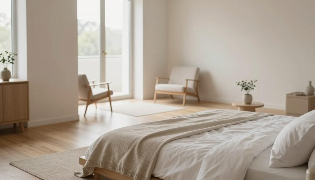 A serene minimalist bedroom designed for comfort with a clean aesthetic. In the foreground, a low-profile bed with crisp white linens and a neutral-colored throw blanket, complemented by an understated bedside table featuring a small plant. The middle layer showcases a spacious area with minimal furnishings including a simple chair and a soft area rug. In the background, large windows allow natural light to flood the room, highlighting the soft textures of the walls and wooden flooring. The atmosphere is calm and inviting, with a soft focus effect that emphasizes tranquility. The lighting is warm and diffused, creating a peaceful ambiance that embodies the essence of minimalism. The scene is captured from a slightly elevated angle to provide a comprehensive view of the space.