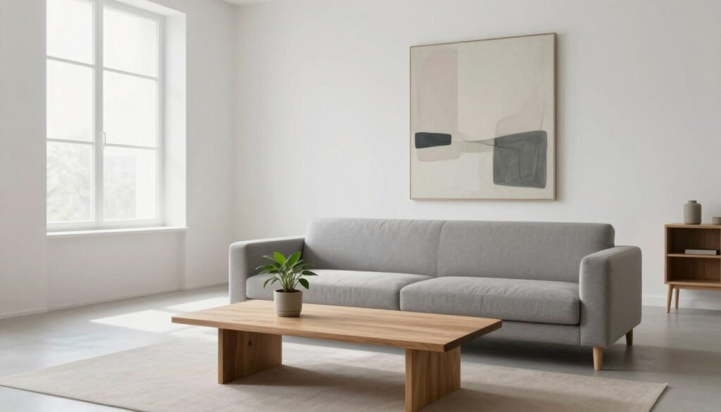 A serene minimalist interior scene showcasing the principles of minimalism. In the foreground, a beautifully simple wooden coffee table holds a single potted plant, symbolizing nature and tranquility. In the middle, a comfortable gray sofa faces a large window with soft, natural light streaming in, illuminating the space. The walls are painted in soft white, adorned with one large abstract painting in muted colors, reinforcing the concept of simplicity. In the background, a spacious, uncluttered room features carefully placed furniture with clean lines and neutral tones. Soft shadows create a calm atmosphere, lending a feeling of openness and harmony. The scene should evoke elegance and functionality, with no people present, emphasizing the essence of minimalist decor. A serene minimalist interior scene showcasing the principles of minimalism. In the foreground, a beautifully simple wooden coffee table holds a single potted plant, symbolizing nature and tranquility. In the middle, a comfortable gray sofa faces a large window with soft, natural light streaming in, illuminating the space. The walls are painted in soft white, adorned with one large abstract painting in muted colors, reinforcing the concept of simplicity. In the background, a spacious, uncluttered room features carefully placed furniture with clean lines and neutral tones. Soft shadows create a calm atmosphere, lending a feeling of openness and harmony. The scene should evoke elegance and functionality, with no people present, emphasizing the essence of minimalist decor.