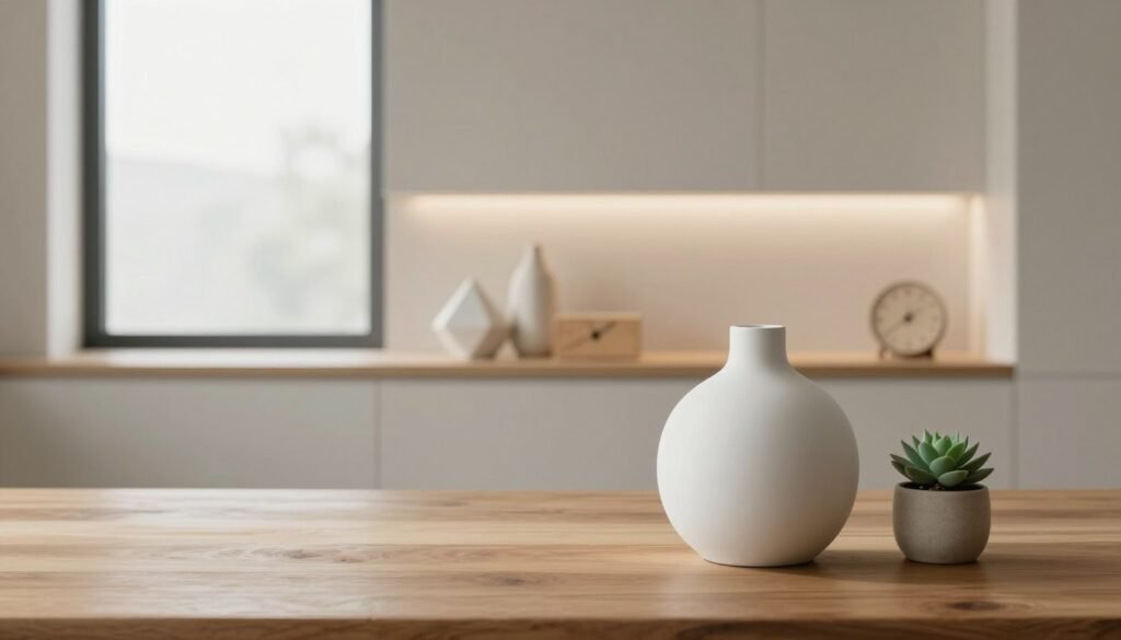 A serene minimalist interior space showcasing decorative objects with purpose. In the foreground, a sleek, sculptural vase in matte white sits on a natural wood table, accompanied by a small potted succulent. The middle features a softly illuminated shelf displaying a few geometric-shaped ceramic pieces and a simple wooden clock, all exuding understated elegance. The background includes a large window bathed in soft, natural light, casting gentle shadows across the room’s neutral-toned walls. Use a wide-angle lens to capture the tranquil atmosphere, emphasizing clean lines and uncluttered spaces. The overall mood should convey harmony and sophistication, highlighting the beauty of minimalism in home decor. A serene minimalist interior space showcasing decorative objects with purpose. In the foreground, a sleek, sculptural vase in matte white sits on a natural wood table, accompanied by a small potted succulent. The middle features a softly illuminated shelf displaying a few geometric-shaped ceramic pieces and a simple wooden clock, all exuding understated elegance. The background includes a large window bathed in soft, natural light, casting gentle shadows across the room’s neutral-toned walls. Use a wide-angle lens to capture the tranquil atmosphere, emphasizing clean lines and uncluttered spaces. The overall mood should convey harmony and sophistication, highlighting the beauty of minimalism in home decor.