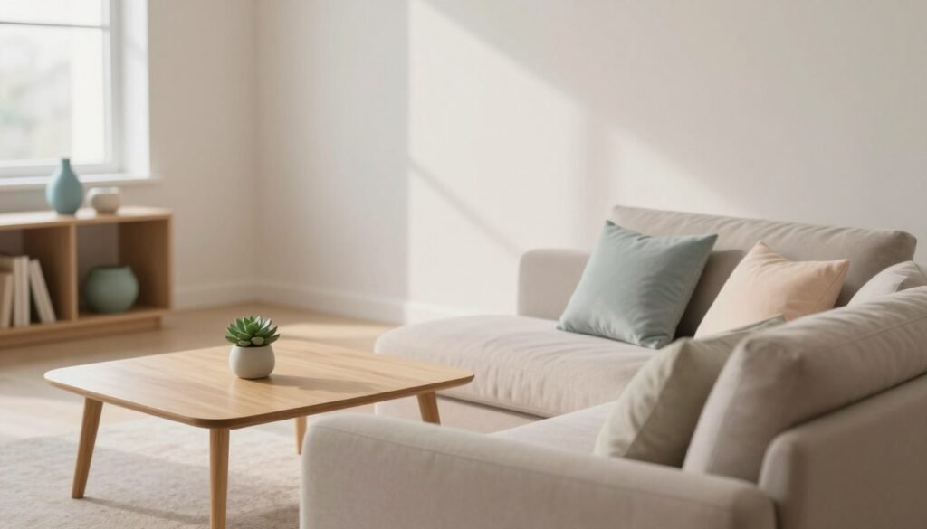 A serene, minimalist interior space showcasing the application of minimalist colors in various environments. In the foreground, a stylish, muted beige sofa adorned with pastel-colored cushions invites relaxation. The middle layer features a light wooden coffee table with a single succulent plant, exuding tranquility. To the left, a small bookshelf contains simple decorative items in soft hues of blue and green. The background showcases a large window allowing soft, natural light to filter in, casting gentle shadows. The walls are painted in a calming, neutral tone, accentuating the minimalist aesthetic. The overall mood is peaceful and inviting, promoting a harmonious living space. Capture the image with a soft focus lens from a slightly elevated angle, emphasizing the clean lines and balanced color palette. A serene, minimalist interior space showcasing the application of minimalist colors in various environments. In the foreground, a stylish, muted beige sofa adorned with pastel-colored cushions invites relaxation. The middle layer features a light wooden coffee table with a single succulent plant, exuding tranquility. To the left, a small bookshelf contains simple decorative items in soft hues of blue and green. The background showcases a large window allowing soft, natural light to filter in, casting gentle shadows. The walls are painted in a calming, neutral tone, accentuating the minimalist aesthetic. The overall mood is peaceful and inviting, promoting a harmonious living space. Capture the image with a soft focus lens from a slightly elevated angle, emphasizing the clean lines and balanced color palette.