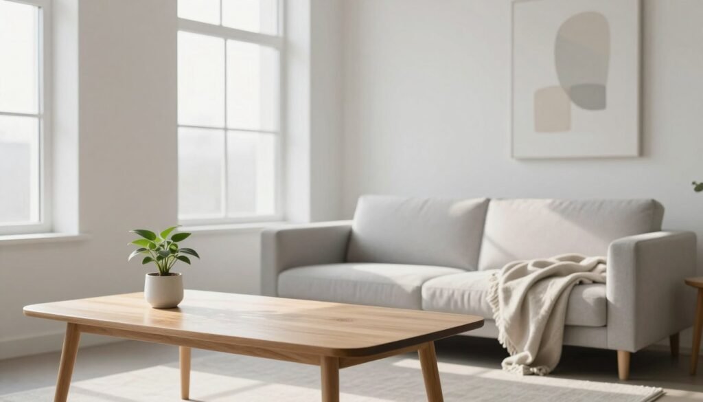 A serene, minimalist interior space that exemplifies essential characteristics of minimalism. In the foreground, a simple, elegant wooden table with a single green plant in a white ceramic pot. In the middle, a cozy, light gray sofa with geometric shapes and a soft throw blanket, accentuated by natural sunlight streaming through large, unobtrusive windows. In the background, a clean, uncluttered wall featuring a few monochromatic abstract art pieces. The color palette is muted with soft whites, grays, and hints of earth tones, creating a calm and inviting atmosphere. The lighting is soft and diffused, highlighting the textures of the materials without harsh shadows. The overall mood conveys tranquility and simplicity, reflecting the essence of minimalist design. A serene, minimalist interior space that exemplifies essential characteristics of minimalism. In the foreground, a simple, elegant wooden table with a single green plant in a white ceramic pot. In the middle, a cozy, light gray sofa with geometric shapes and a soft throw blanket, accentuated by natural sunlight streaming through large, unobtrusive windows. In the background, a clean, uncluttered wall featuring a few monochromatic abstract art pieces. The color palette is muted with soft whites, grays, and hints of earth tones, creating a calm and inviting atmosphere. The lighting is soft and diffused, highlighting the textures of the materials without harsh shadows. The overall mood conveys tranquility and simplicity, reflecting the essence of minimalist design.