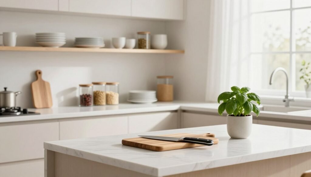 A serene, minimalist kitchen setting that embodies organization and style. In the foreground, a sleek, white marble countertop showcases essential cooking tools neatly arranged: a high-quality wooden cutting board, a sharp chef's knife, and a minimalist herb pot with fresh basil. In the middle, open shelving holds a curated selection of elegant dishware and minimalist glass containers filled with grains and spices, emphasizing a tidy aesthetic. In the background, soft, natural light pours through a large window with sheer curtains, creating a warm and inviting atmosphere. The overall color palette features soft whites, light woods, and subtle pops of greenery, reflecting a modern, uncluttered design. The angle captures a spacious and airy perspective, inviting the viewer to appreciate the clean lines and harmonious organization of the space.