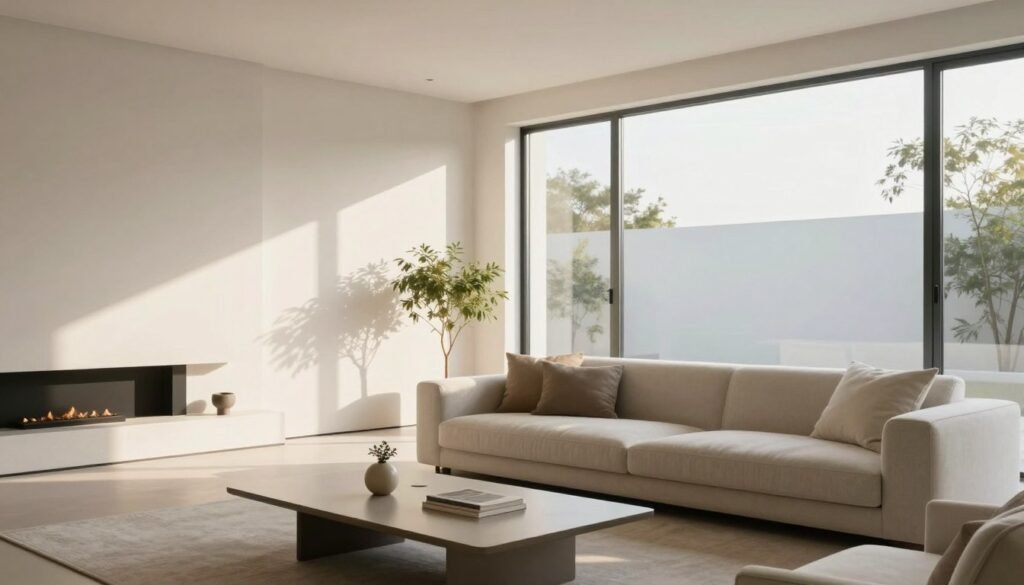 A serene minimalist living room bathed in natural light, emphasizing open space and simplicity. In the foreground, a sleek, modern coffee table with a few carefully chosen decorative items, such as a small plant and a book. The middle section showcases a comfortable, light-colored sofa adorned with neutral-toned cushions, inviting relaxation. Large floor-to-ceiling windows fill the space with soft, warm sunlight, casting gentle shadows on the white walls. In the background, subtle greenery from outside peeks through the glass, enhancing the connection with nature. The atmosphere is calm and tranquil, evoking a sense of harmony and balance. Shot from a slightly elevated angle to capture the entire room while maintaining a focus on the illumination effect. The lighting is soft and ambient, highlighting the elegance of the minimalist design. A serene minimalist living room bathed in natural light, emphasizing open space and simplicity. In the foreground, a sleek, modern coffee table with a few carefully chosen decorative items, such as a small plant and a book. The middle section showcases a comfortable, light-colored sofa adorned with neutral-toned cushions, inviting relaxation. Large floor-to-ceiling windows fill the space with soft, warm sunlight, casting gentle shadows on the white walls. In the background, subtle greenery from outside peeks through the glass, enhancing the connection with nature. The atmosphere is calm and tranquil, evoking a sense of harmony and balance. Shot from a slightly elevated angle to capture the entire room while maintaining a focus on the illumination effect. The lighting is soft and ambient, highlighting the elegance of the minimalist design.