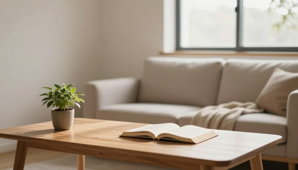 A serene minimalist living space, conveying the essence of detachment and simplicity. In the foreground, a neatly arranged wooden table with a single potted plant and an open book. In the middle ground, a soft, neutral-toned sofa adorned with a light throw, emphasizing minimalism. The background features a large window letting in warm, natural light, casting gentle shadows. The walls are painted in calming colors, enhancing the tranquil atmosphere. A sense of peace and contentment pervades the scene, encouraging viewers to reflect on the importance of letting go of excess. The image should be captured in a warm, inviting tone, using a soft focus to evoke a cozy, restful mood.
