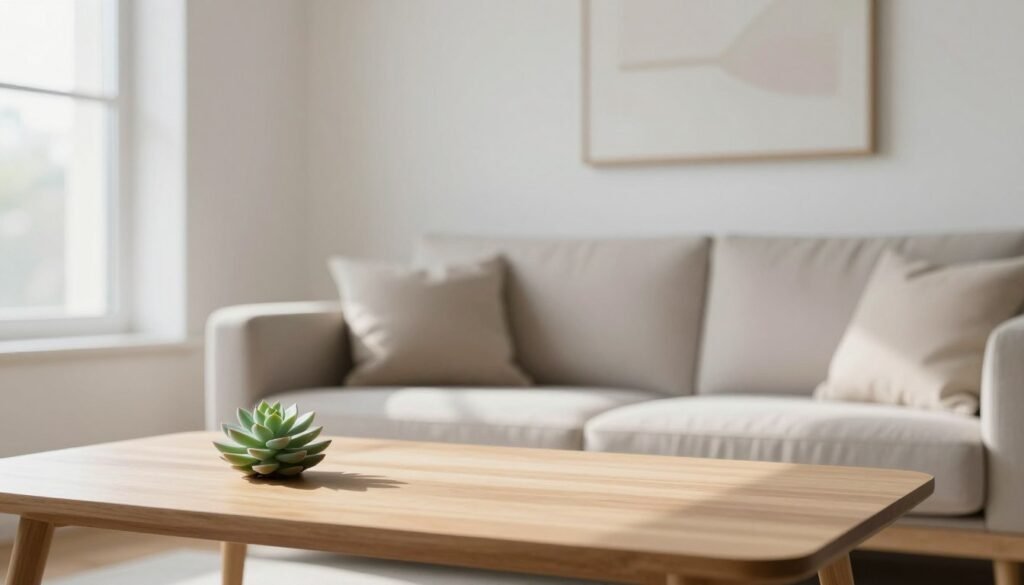 A serene minimalist living space, featuring a sleek and modern interior design. In the foreground, a simple wooden table with a single, elegantly arranged succulent plant. The middle ground showcases a comfortable, uncluttered couch adorned with neutral-colored cushions. Light streams in through a large window, casting soft shadows and creating a warm, inviting atmosphere. In the background, a subtle abstract painting hangs on a white wall, emphasizing the concept of simplicity. The lighting is bright yet soft, enhancing the clean lines and soothing color palette. The overall mood conveys tranquility, mindfulness, and the essence of minimalism, focusing on the beauty of less. A serene minimalist living space, featuring a sleek and modern interior design. In the foreground, a simple wooden table with a single, elegantly arranged succulent plant. The middle ground showcases a comfortable, uncluttered couch adorned with neutral-colored cushions. Light streams in through a large window, casting soft shadows and creating a warm, inviting atmosphere. In the background, a subtle abstract painting hangs on a white wall, emphasizing the concept of simplicity. The lighting is bright yet soft, enhancing the clean lines and soothing color palette. The overall mood conveys tranquility, mindfulness, and the essence of minimalism, focusing on the beauty of less.