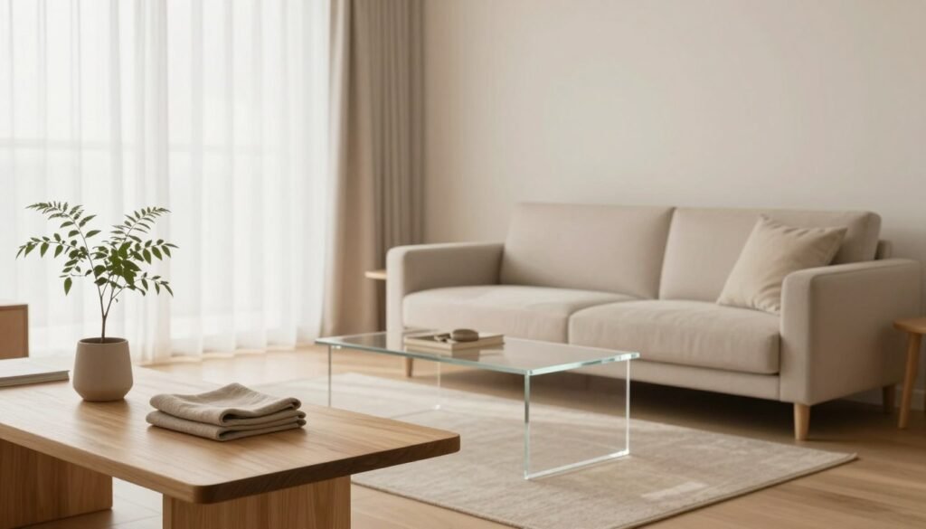 A serene, minimalist living space featuring essential design elements that embody the fundamentals of minimalism. In the foreground, a simple wooden table with a single elegant plant and a neatly folded blanket. The middle ground showcases a soft, neutral-colored sofa, adorned with just one decorative cushion, while a clear, unobtrusive coffee table sits in front. The background displays a large window with sheer curtains, allowing soft, natural light to fill the room. The atmosphere is calm and inviting, reflecting tranquility and simplicity. The scene is shot from a slightly elevated angle to capture the entirety of the space, highlighting the open and airy feel typical of minimalist design. The lighting should be soft and warm, emphasizing the clean lines and unobtrusive decor.
