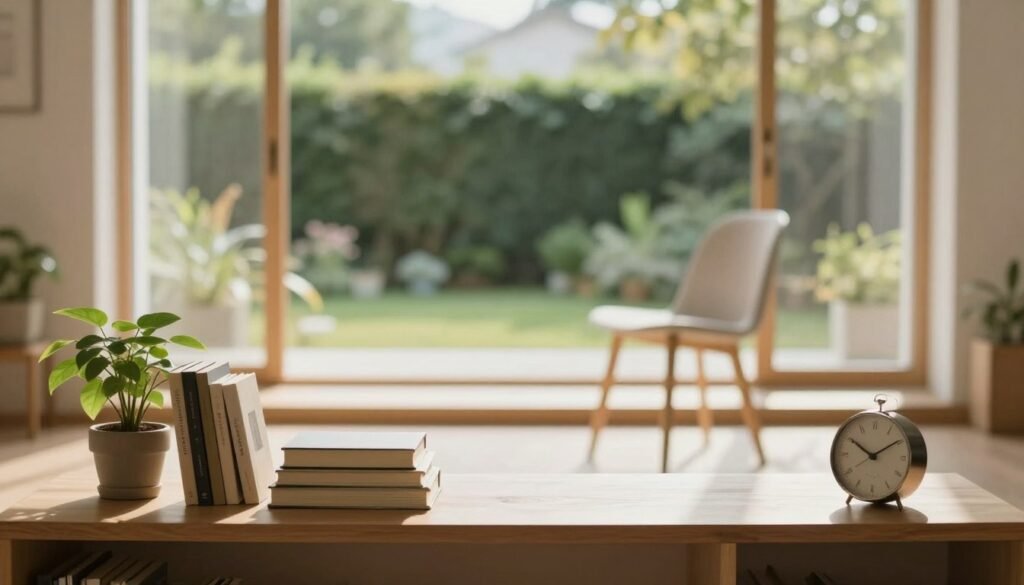 A serene, minimalist living space filled with soft, natural light filtering through large windows, casting gentle shadows. In the foreground, a well-organized shelf displays a few essential items: a carefully arranged stack of books, a small potted plant, and a vintage clock, suggesting a sense of simplicity and calm detachment. The middle layer features an empty chair, inviting reflection and contemplation on the nature of letting go and emotional freedom. In the background, a peaceful garden can be seen outside, blurred slightly to emphasize the tranquil indoor space. The overall mood is one of peace and clarity, encouraging viewers to embrace the concept of detachment without guilt. A warm color palette enhances the feeling of comfort and stability. A serene, minimalist living space filled with soft, natural light filtering through large windows, casting gentle shadows. In the foreground, a well-organized shelf displays a few essential items: a carefully arranged stack of books, a small potted plant, and a vintage clock, suggesting a sense of simplicity and calm detachment. The middle layer features an empty chair, inviting reflection and contemplation on the nature of letting go and emotional freedom. In the background, a peaceful garden can be seen outside, blurred slightly to emphasize the tranquil indoor space. The overall mood is one of peace and clarity, encouraging viewers to embrace the concept of detachment without guilt. A warm color palette enhances the feeling of comfort and stability.