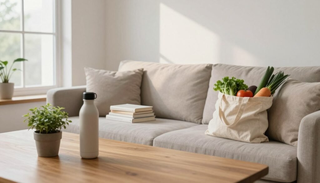 A serene, minimalist living space, showcasing conscious consumption. In the foreground, a wooden dining table holds a small potted plant, a reusable water bottle, and a cloth shopping bag filled with fresh, locally sourced produce. In the middle, a cozy sofa adorned with neutral-colored cushions invites relaxation, accompanied by a stack of simple, well-curated books on minimalism. The background features a large window letting in soft, natural light that casts gentle shadows, enhancing the atmosphere of tranquility and mindfulness. The overall mood is calm and inviting, encouraging viewers to embrace sustainable living practices. The image is framed with a slight angle for depth, accentuating the peacefulness of the space.